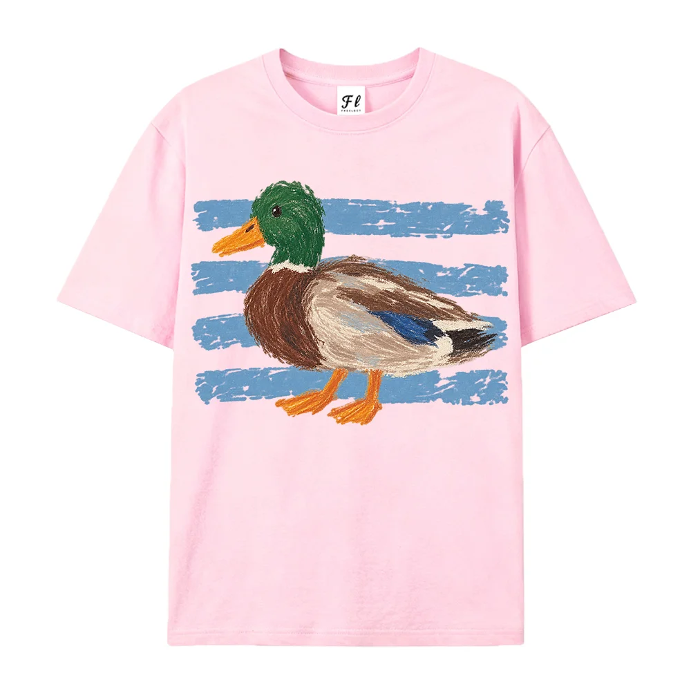 Unisex Mallard Duck Graphic T Shirt Crayon Oil Pastel Blue Stripes Vintage Aesthetic White Loose Cotton Tees