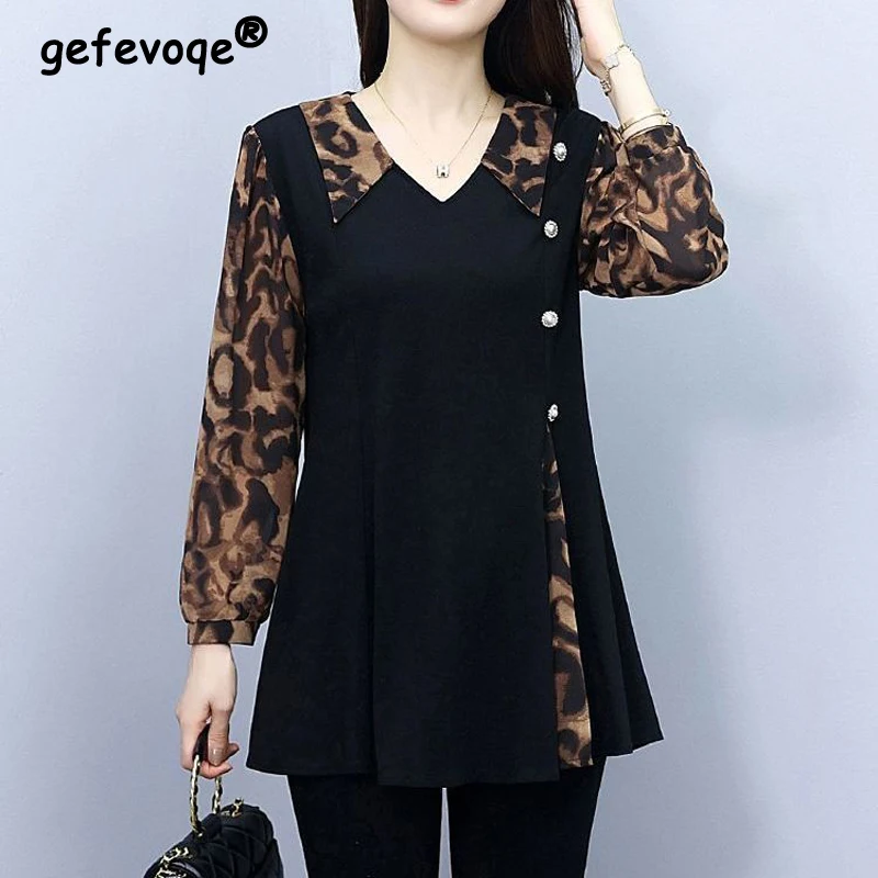 Women\'s Clothing Korean Fashion Leopard Print Patchwork Button Elegant T Shirt Spring Autumn V Neck Long Sleeve Loose Tunic Tops