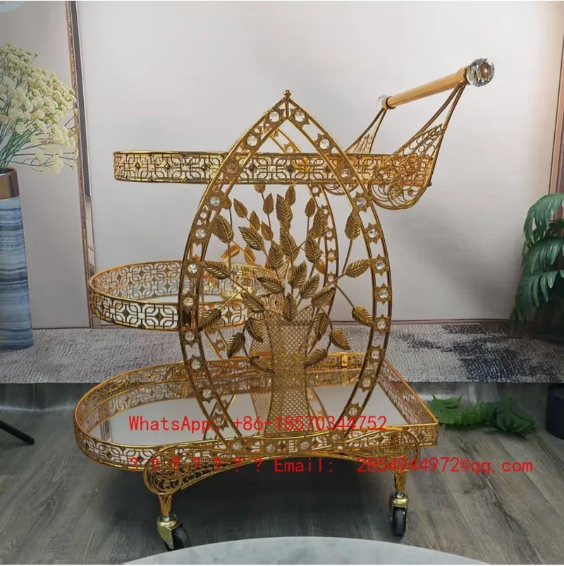 High End Rolling Serving Trolley Retro Style Metal & Glass Cart Mobile Side Table for Food Wine Dessert Delivery