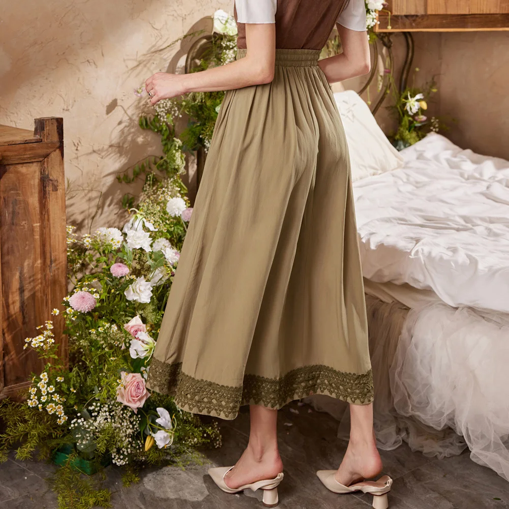 SD Women Vintage Maxi Skirt Elastic Renaissance High Waist Lace Hem Swing Skirt Elastic Waist With Drawstring A-line Dress