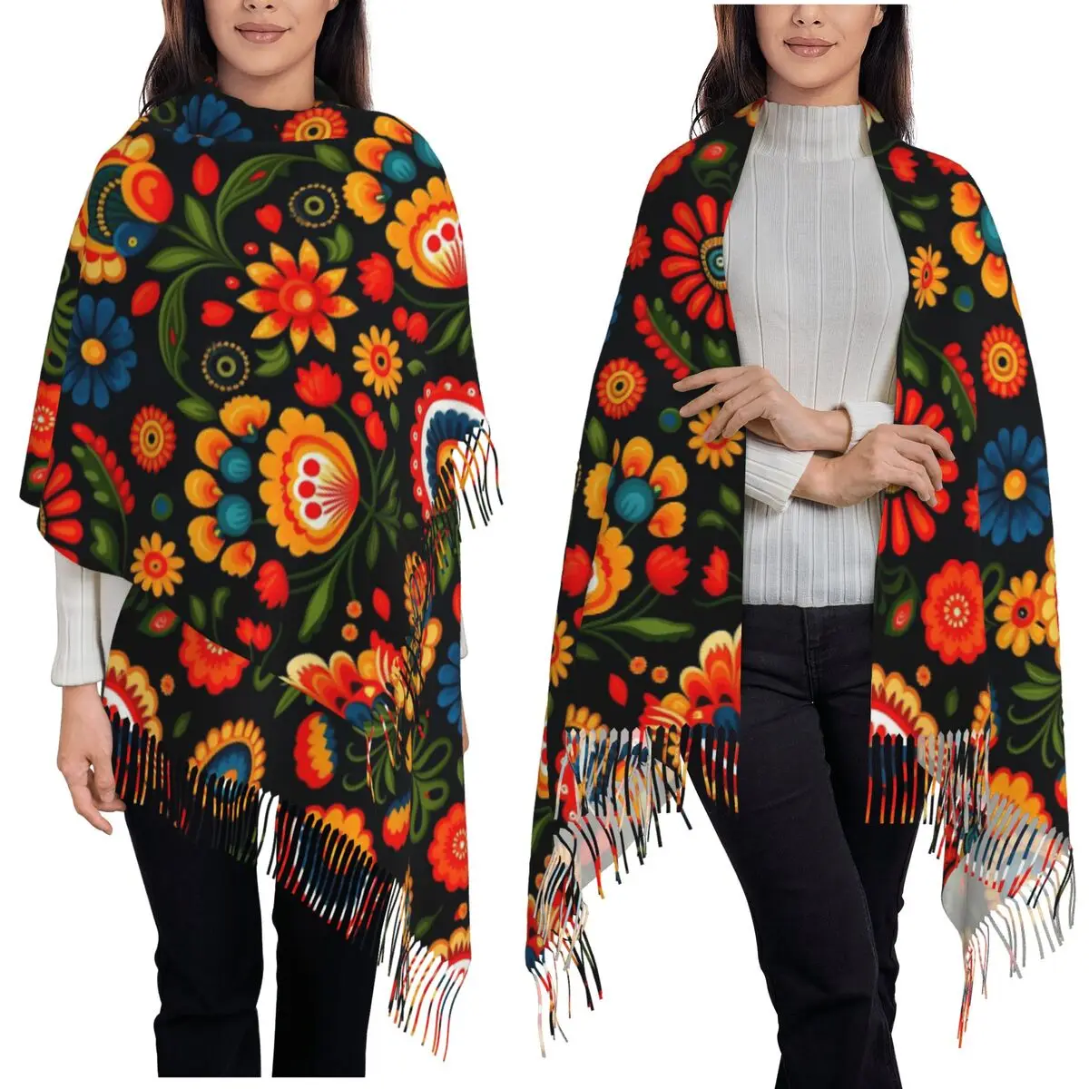 

Polish Floral Pattern Wycinanki Scarf Tassel Scarves for Women Soft Warm Shawls and Wraps Large Fall Winter Shawl Wrap
