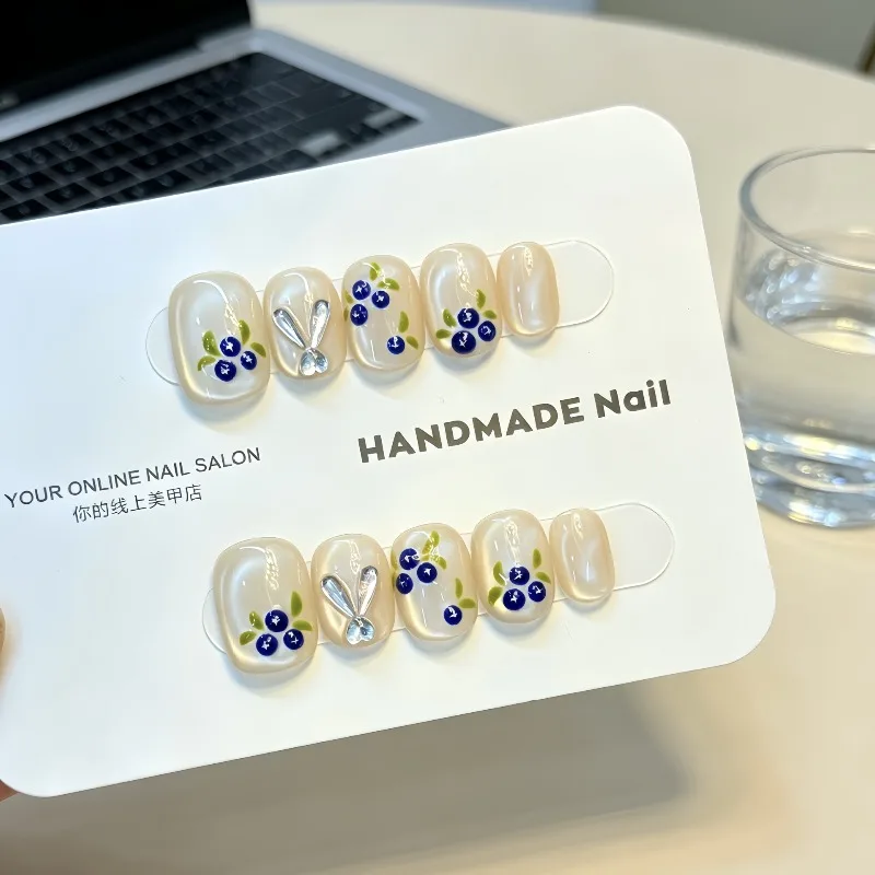 10pcs Handmade Nails Hand-painted Blueberry Cat-eye Gel Nails—cute Press-on Nails Perfect As Gifts for Girls and Friends