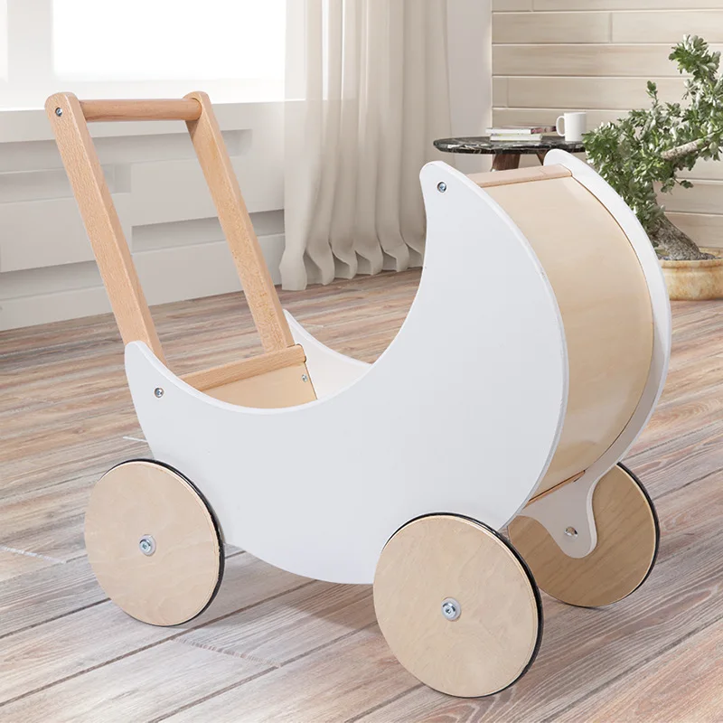 Cochecito de madera nórdico para niños, juguete de Andador de empuje manual, Luna blanca, nuevo