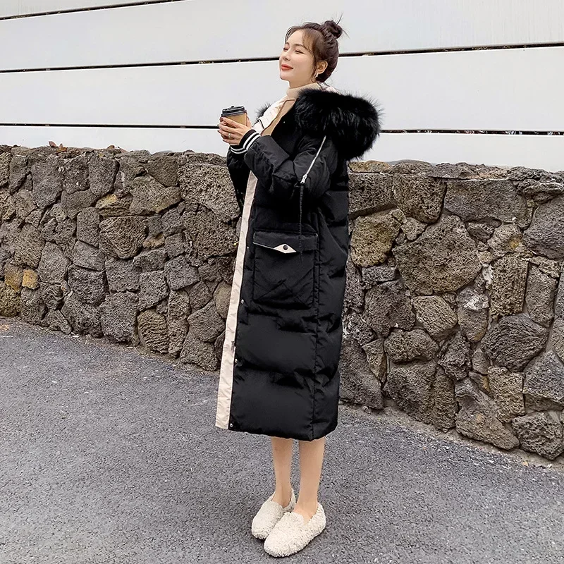 Women Extra Long Duck Down Jackets Hooded Raccoon Fur Collar Coats Plus Size Thickened Slim Warm White Winter Clothing Ladies