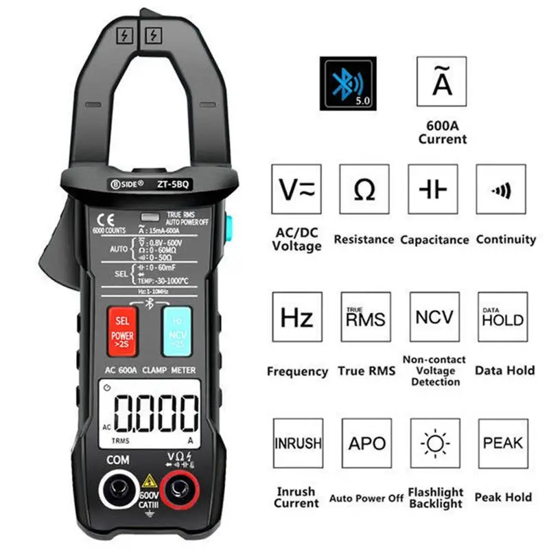 A73P  -5BQ Bluetooth Clamp Meter Multimeter Digital Current Meter Voltmeter Ammeter Auto Range Tester Black