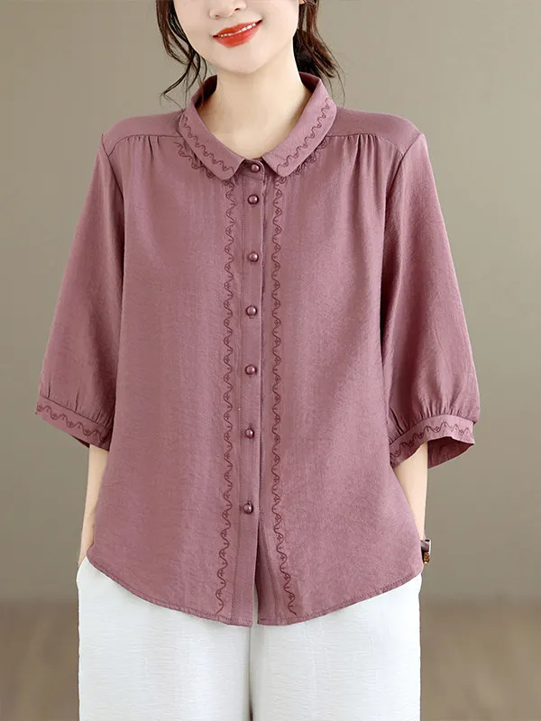 Loose Korean Style Embroidered Shirt Cardigan Design Versatile Youthful Trendy Five Sleeve Women's Summer Casual Top