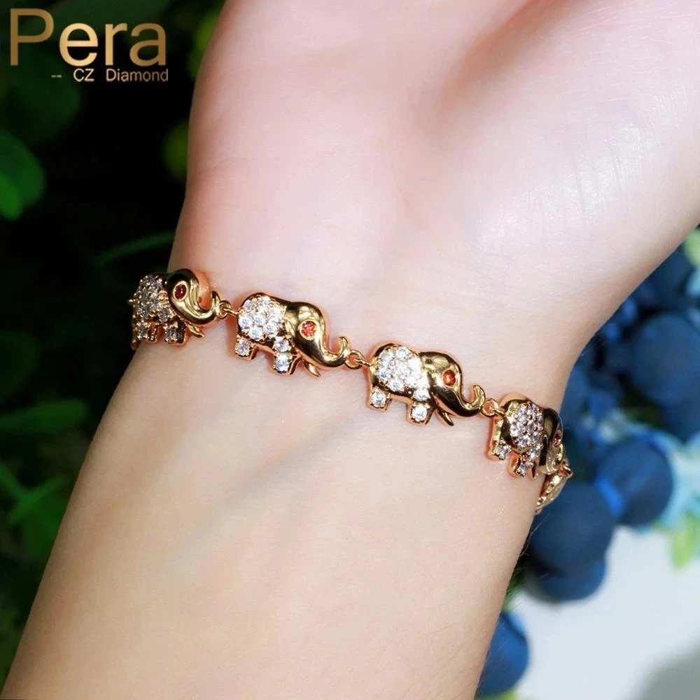 Pera Cute Elephant Shape Animal Charm Bracelets Bangles for Women 585 Light Gold Color Red White CZ Wedding Party Jewelry B186