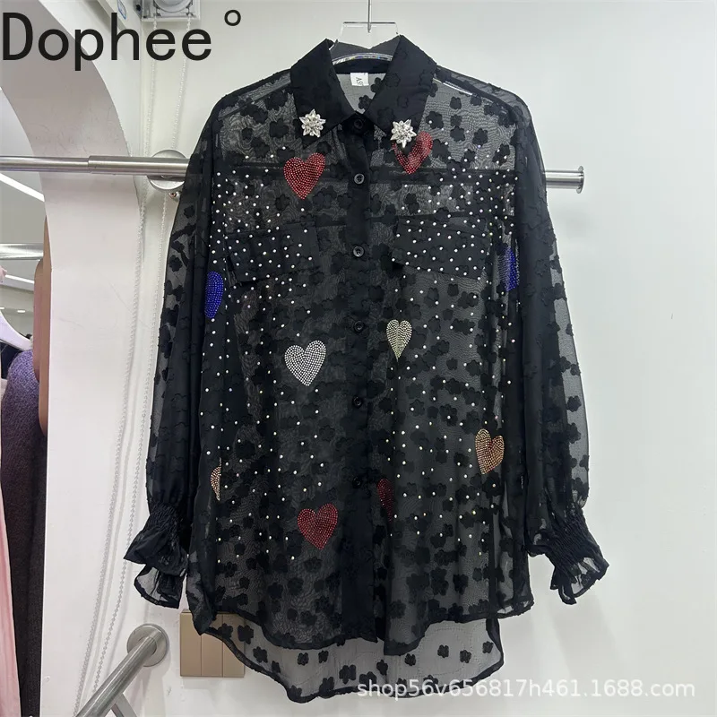 

New Spring Summer Perspective Long Sleeve Blouses Women Mid-long Sunscreen Clothing Love Hot Drilling Mid-long Cardigans Top