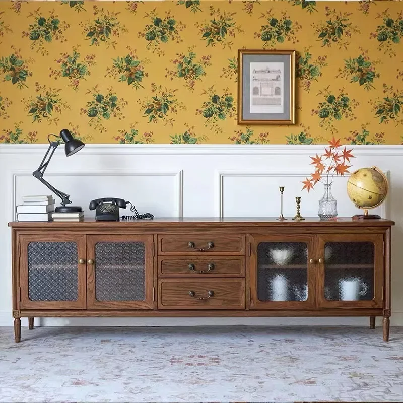 American Solid Wood TV Cabinet French Retro Living Room Storage Audio Visual Cabinet Light Luxury Carved Multi Functional