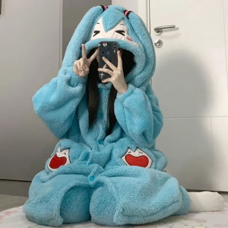 

Hatsune Coral Fleece Nightgown Winter New Thick Bathrobe Cute Cartoon Warm Home Clothes Pajama Set Cosplayl Miku Girl'S Gift