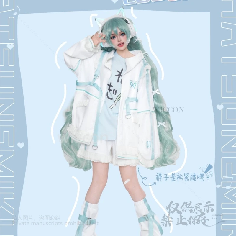 Anime Mikuku Cosplay Kawaii Blue White Full Set Wigs Earphone Coat T-Shirt Dress Socks Roleplay Customized Women Halloween Party - view 2