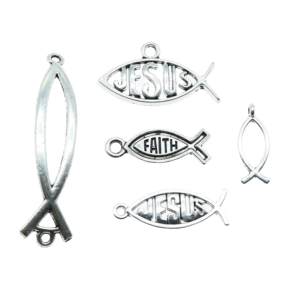 20pcs Jesus Fish Charms Antique Silver Color Jesus Fish Charms Pendants For Bracelets Christian Fish Charms Making Jewelry