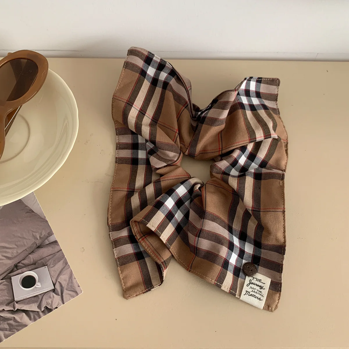 1PC Plaid Scarf Scrunchie - British Collegiate Style, Versatile Button Hair Tie, Elastic Hair Rope for Low Ponytails, Hair Acces image 6