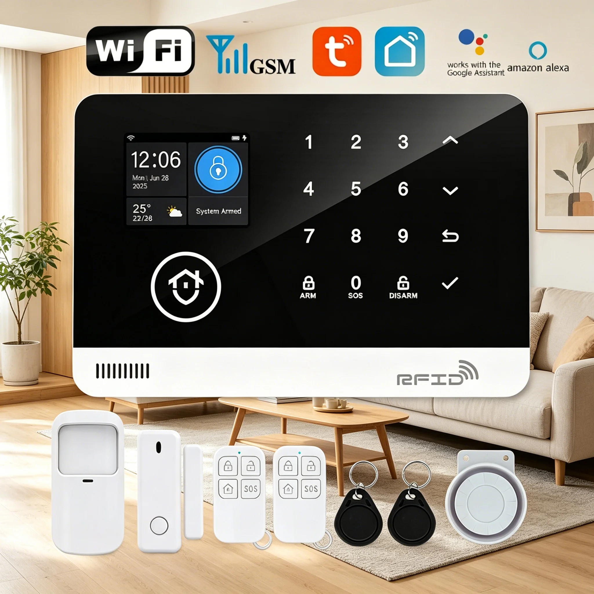 

Беспроводная система домашней сигнализации Tugard с Wi-Fi и GSM, голосовое управление Alexa, сирена 120 дБ, датчик движения, пульт дистанционного управления