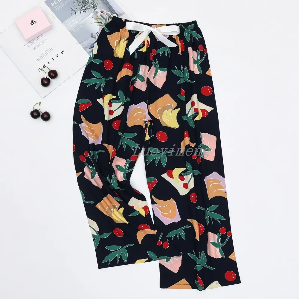 Calça confortável estampada de morango feminina, loungwear solto para casa, pijama bottoms, sono, roupa larga, pernas, praia, verão