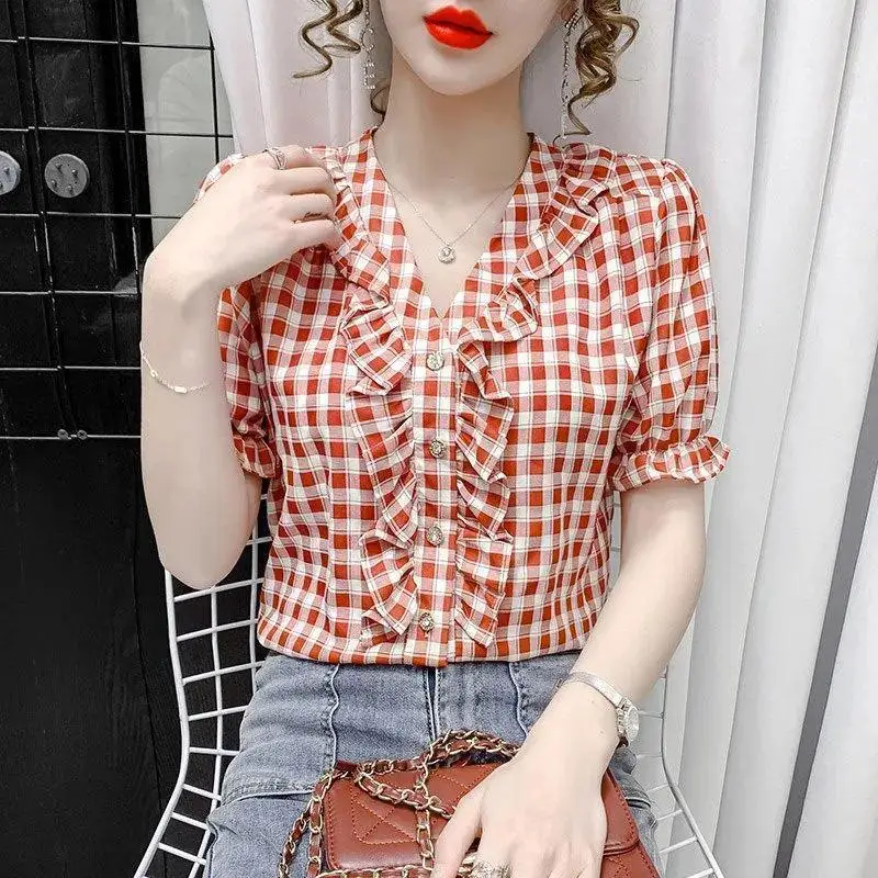 Plaid V Neck Slim Blouse Summer New Short Sleeve All-match Button Pleated Elegant Shirt Tops Tees Fashion Trend Women Clothing