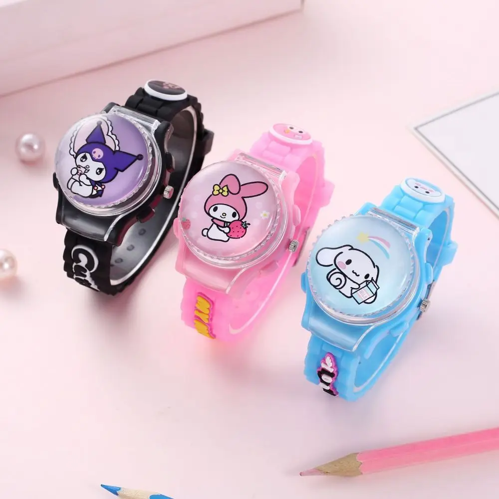 Sanrios Cartoon Watch Anime Kuromi My Melody Cinnamoroll Watch Kawaii Crystal Patch Glowing Decompress Rotating Electronic Watch