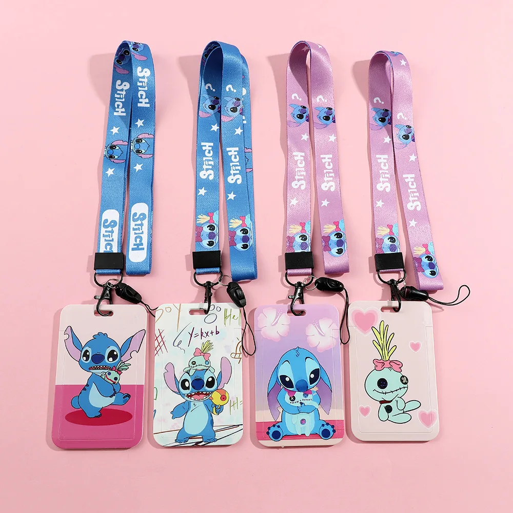 

Cute Disney Stitch Card Holder Couples Lanyard Keys Chain Credit Anime Card Cover Pass Mobile Phone Charm Straps ID Badge Holder