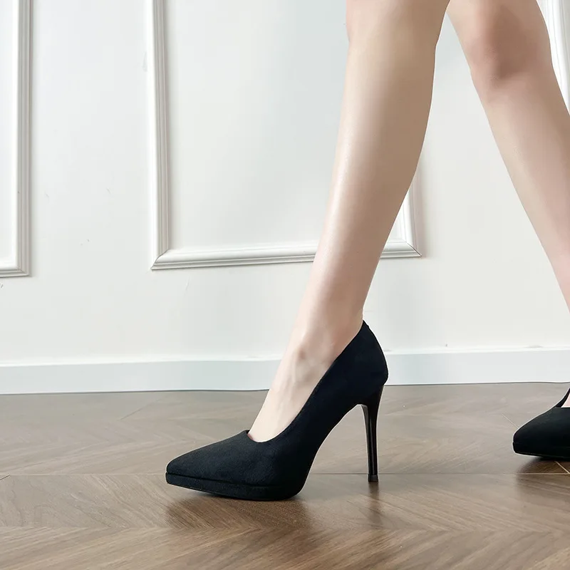 

Black Suede Platform High Heels Women Pointed Toe Stiletto Sexy Dress Shoes