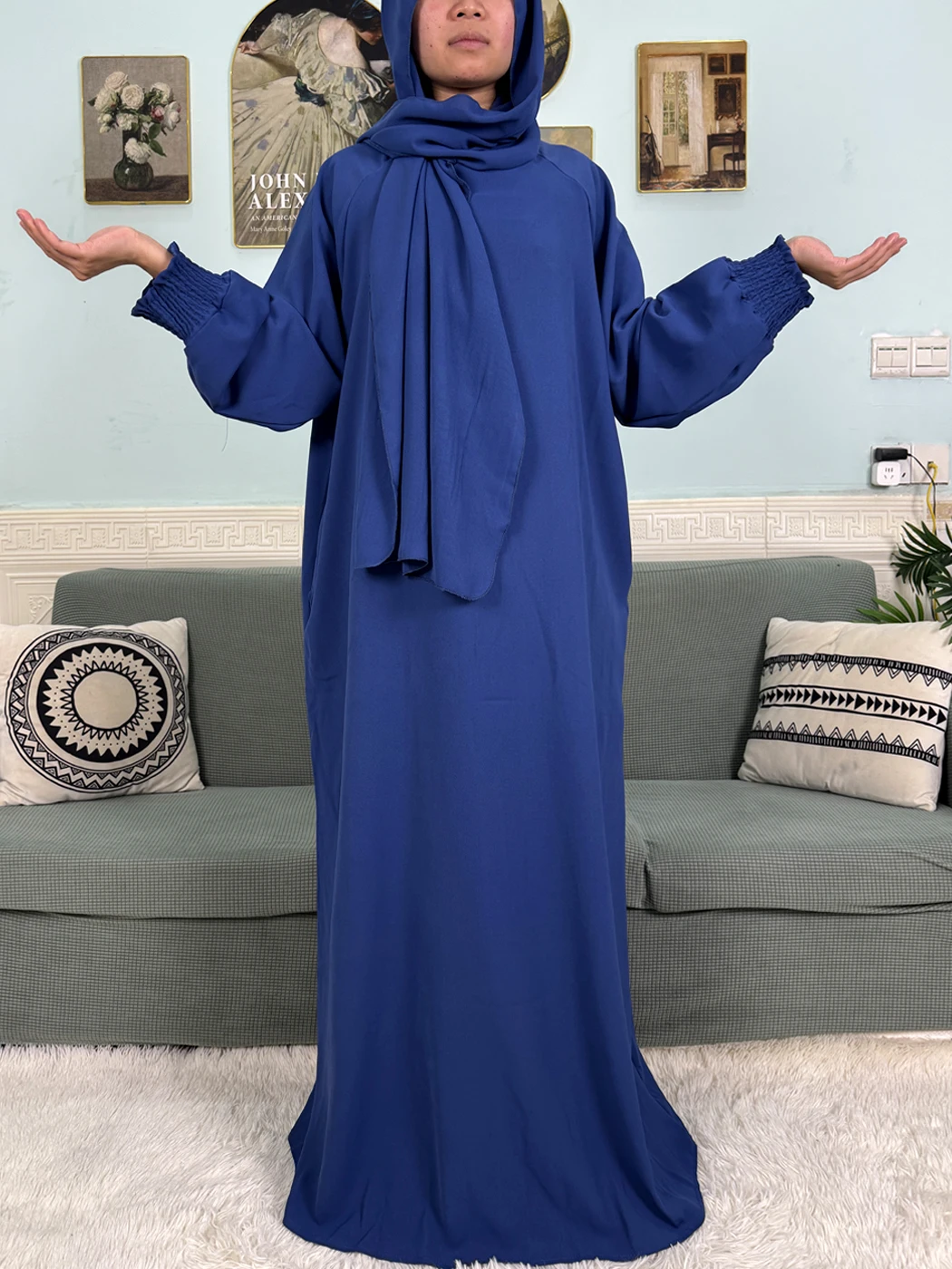 عباية إسلامية رمضان 2025 للنساء من القطن الخالص فضفاضة للصلاة رداء نسائي أصفاد مرنة فستان أفريقي مع وشاح حجاب متصل
