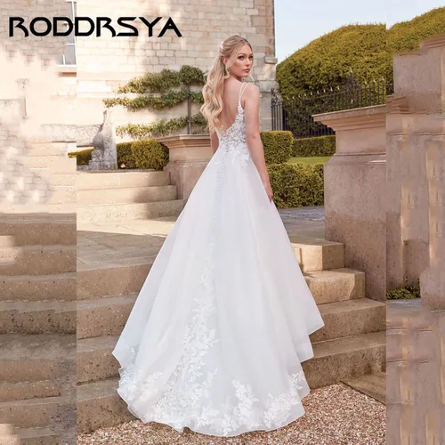Imagen 2 del producto RODDRSYA elegante vestido de novia línea a con cuello en V tirantes finos apliques con cuentas vestido de novia abierto con espalda en V vestido de novia personalizado