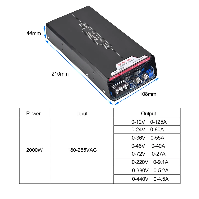 2000W Adjustable CV CC Switching Power Supply,220VAC Input,24V/36V/48V/60V Output,Ultra Thin,Multi-protection for Battery Charge
