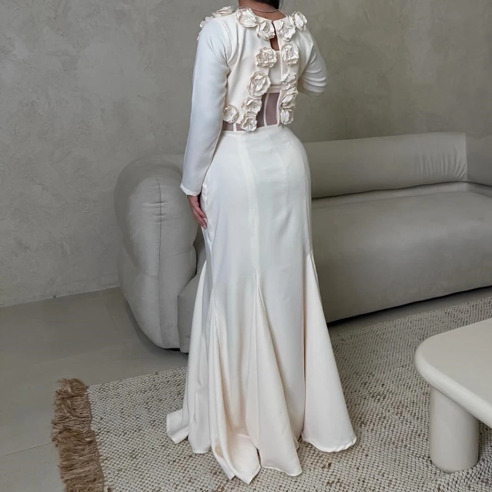 Customized A-line Evening Dresses Floor-length High-neck Full Sleeve Prom Gown Fashion Beading Flowers Simple Draped Party Gown