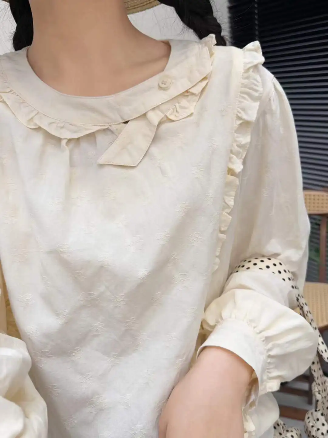 اليابانية الحلو موري فتاة بلون الكشكشة المرقعة تي شيرتات قطن المرأة ربيع الخريف س الرقبة طويلة الأكمام بلوزة غير رسمية بلايز