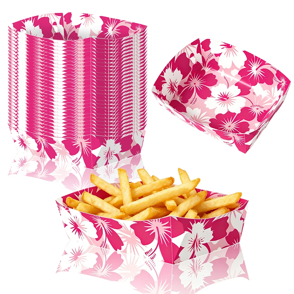 6/12/24 Piezas de Decoraciones para Fiesta Hawaiana Luau, Bandejas de Papel con Diseño de Flor de Hibisco para Comida, Suministros para Mesa de Bodas y Cumpleaños Tropicales de Verano