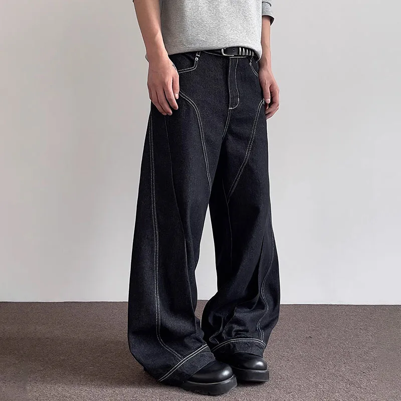 春と秋のメンズカーブジーンズ、複数の可視ライン、メンズストレートレッグパンツ、フレアジーンズ、Y2Kヒップホップパンツ