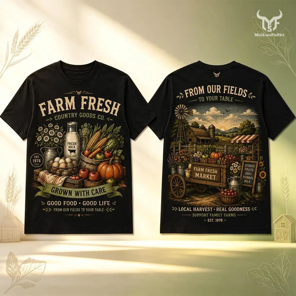 Retro Farm Harvest Print T-Shirt Vegetable Fruit Milk Graphic Soft Breathable Tee Men Women Daily Home Casual Short Sleeve Tops