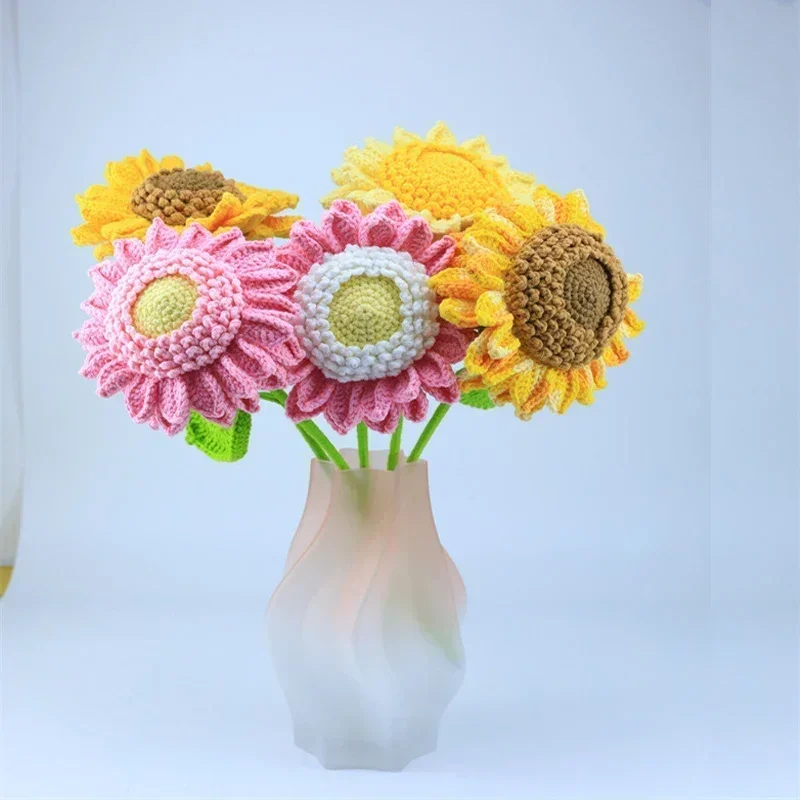 Handmade Knitted Sunflower Branch Bouquet Flower Wool Crochet Flower Bouquet Gift For Home Vase Wedding Decoration Wholesales