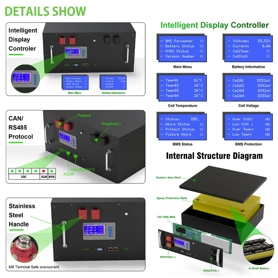 LiFePO4 48V 230Ah 12Kwh Battery Pack 6000+ Cycles 51.2V 200Ah 100Ah 16S BMS RS485 CAN Max 32 Parallel PC Monitor EU Stock NO TAX