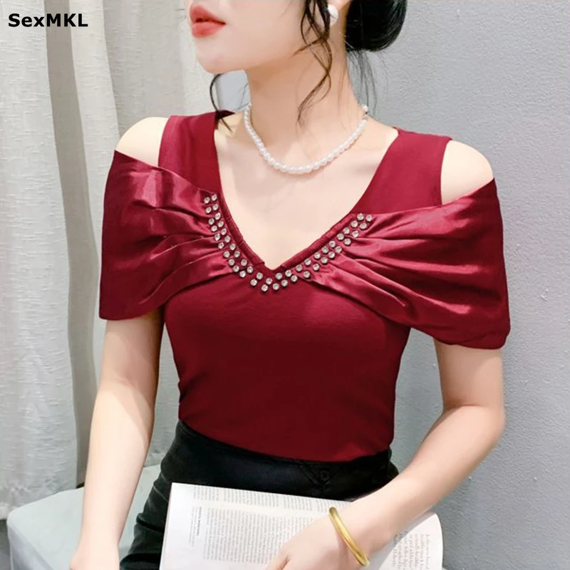 Summer Chic Diamonds Short Sleeved T-Shirt Women's Elegant Red Off Shoulder Tops Fashion Tshirt Casual Ladies Black Party Tees