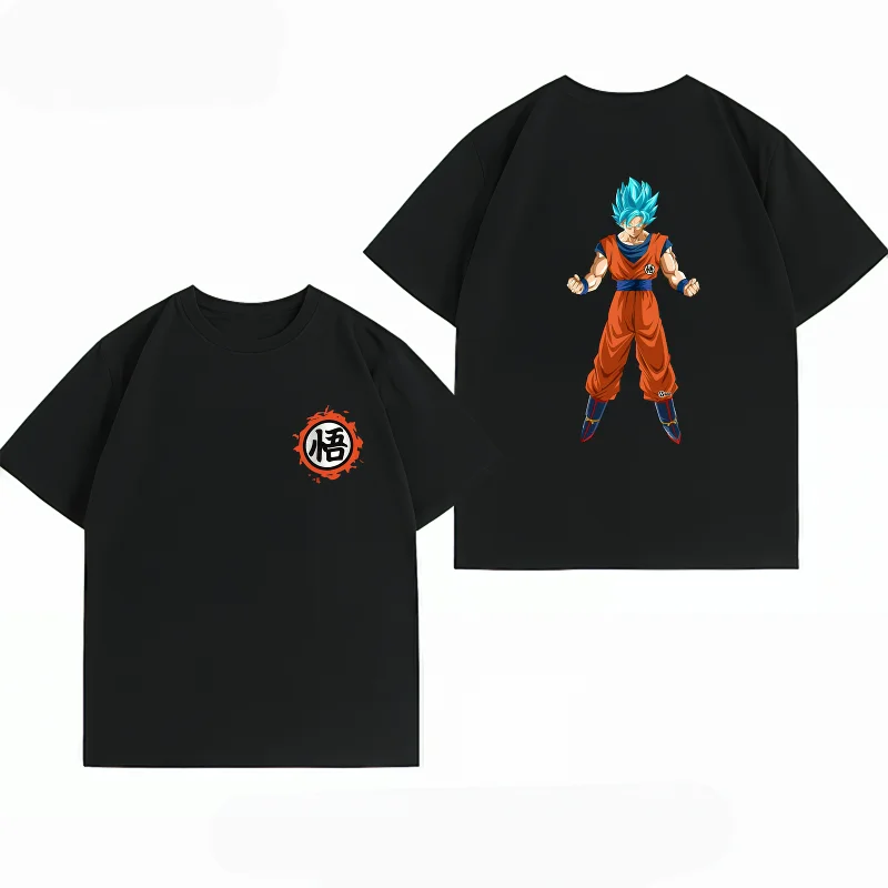 Bandai Dragon Ball Super Goku Super Saiyan Blue Goku Logo Print T-shirt Casual Short Sleeve Cotton Anime Streetwear Men'sT-shirt