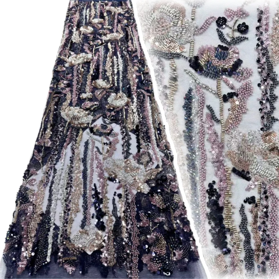 

Фиолетовый, высокое качество, африканская кружевная ткань ручной работы с бисером, шитье, блестки, вышивка, нигерийская кружевная ткань, женское свадебное платье C1424