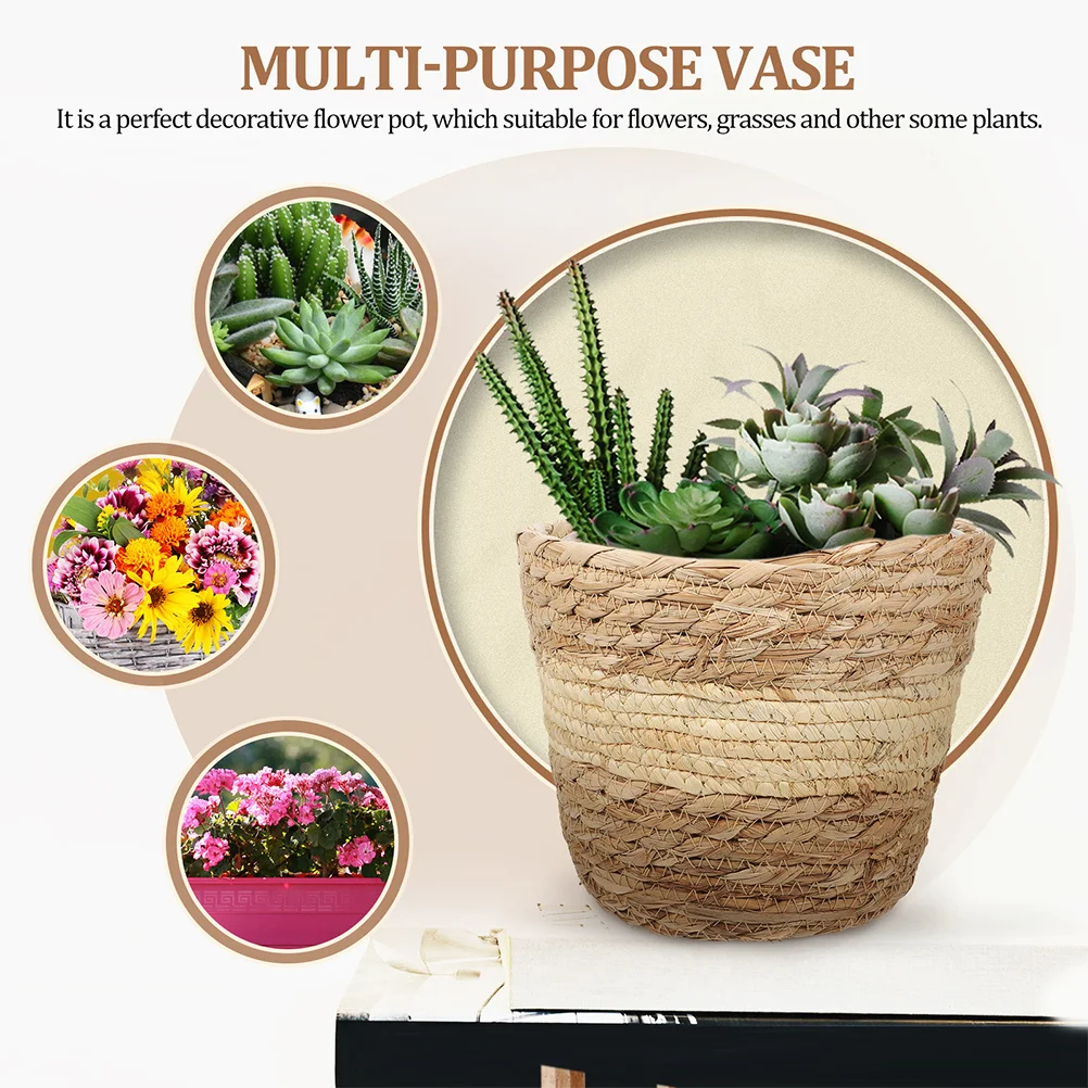 Cesta de plantas tejida grande, macetero de flores rústico hecho a mano para decoración interior, utilidad de almacenamiento, paja decorativa multiusos