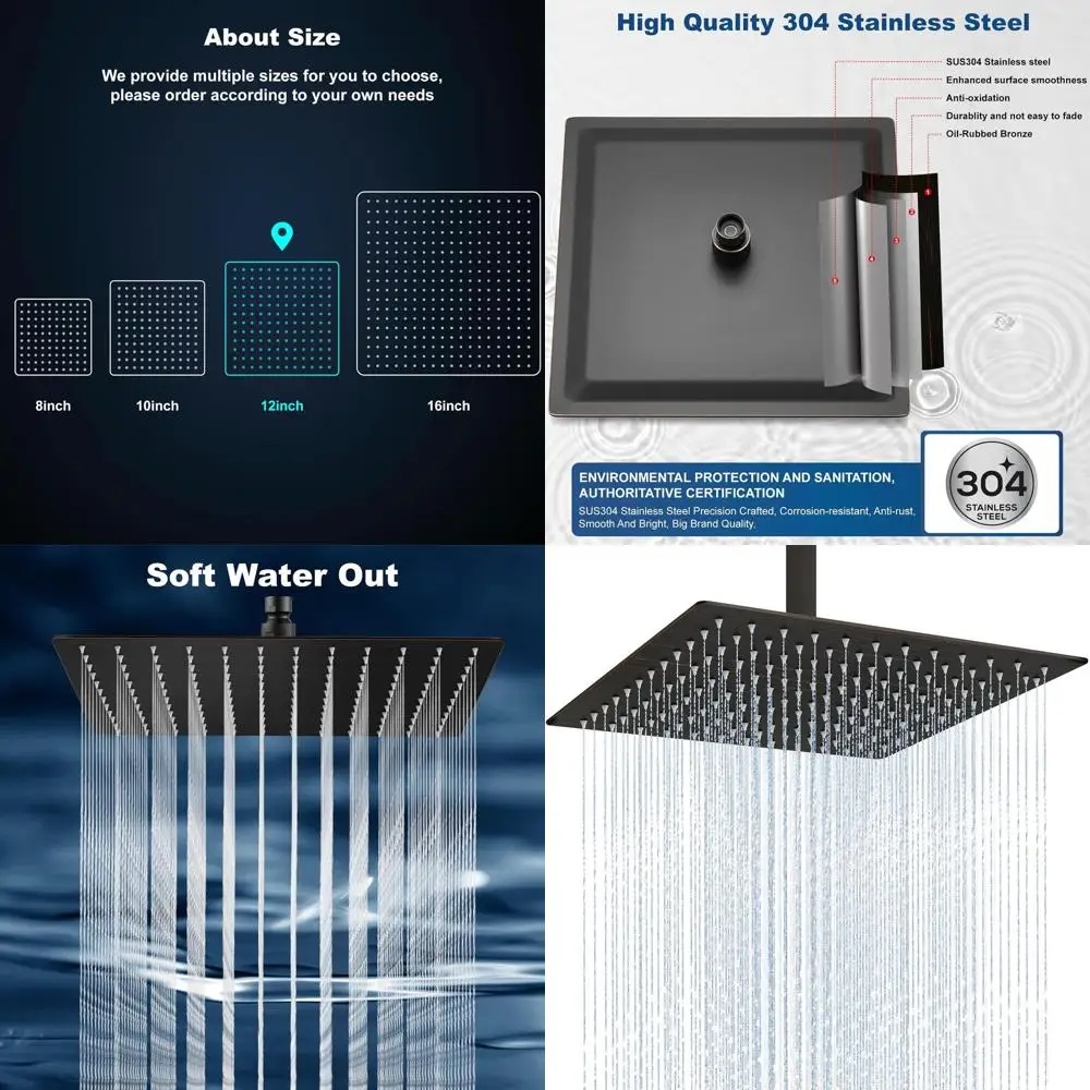 12 Cabezal de ducha tipo lluvia grande de acero inoxidable de bronce frotado con aceite para efecto cascada de baño de alta presión, montaje en techo o pared