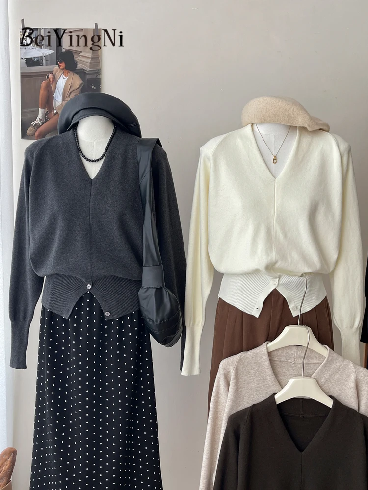 

Beiyingni Autumn Winter Women Sweater French Elegant Warm Knitted V-neck Pullovers Female Casual Basic Plain Split Chic Sweaters