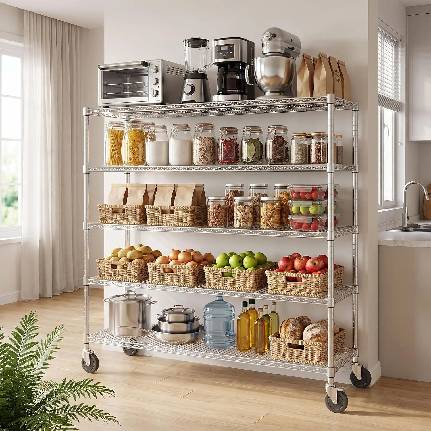 Heavy Duty Metal Wire Shelving Unit 5 Tier Wide With 4 Inch Wheels Adjustable Chrome Storage Rack For Kitchen Garage And Home
