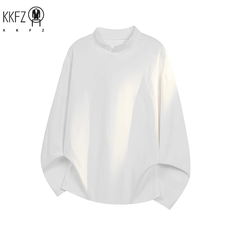 Mens Daily Wear Notched Mock Neck Long Sleeve Tee Solid Plain Fabric Loose Silhouette For Weekend Casual Gathering