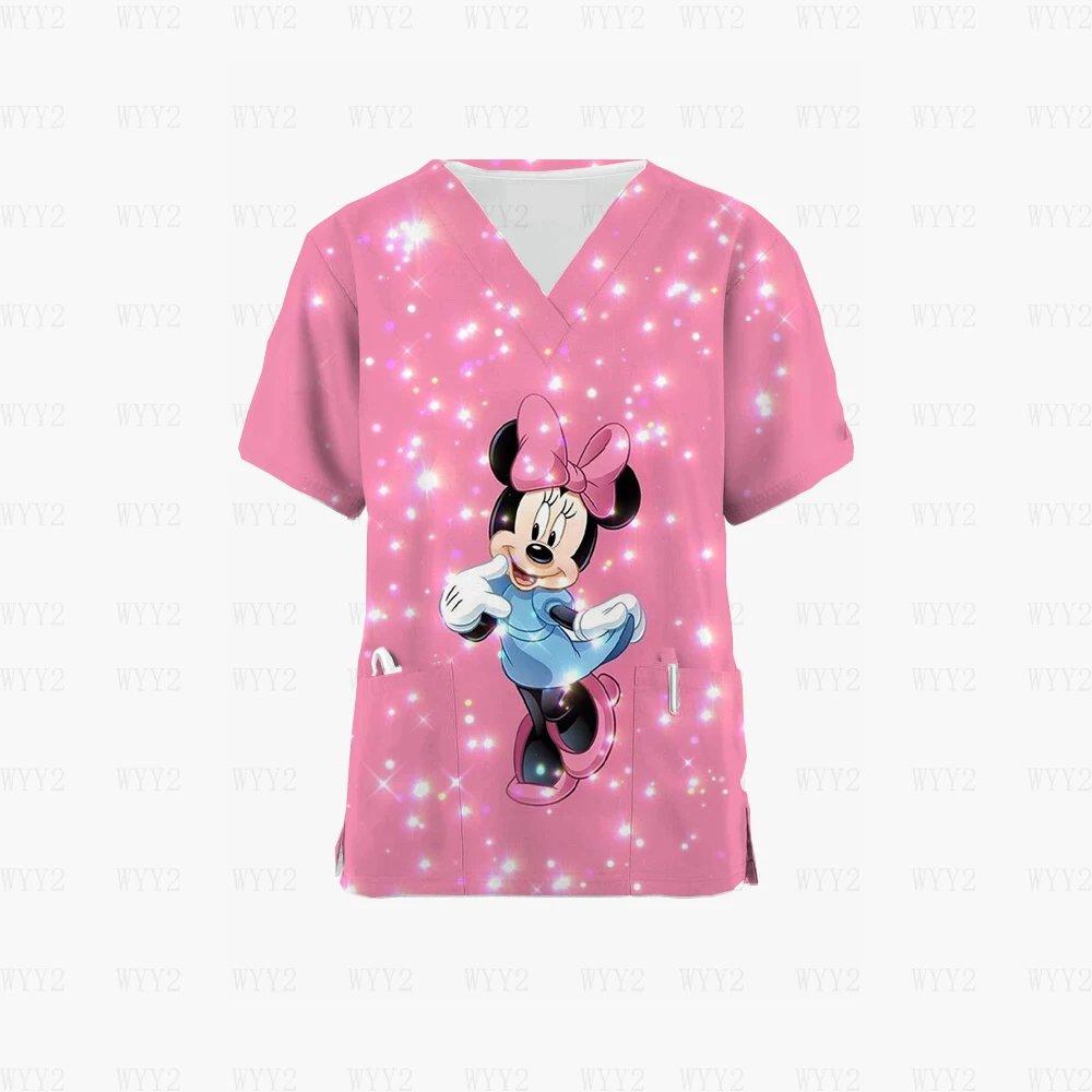 2024 Disney Minnie Print Kurzarm Krankenschwester Uniform Mode Arbeit Uniform Uniform Sommer V-ausschnitt Tasche Medizinische Uniform