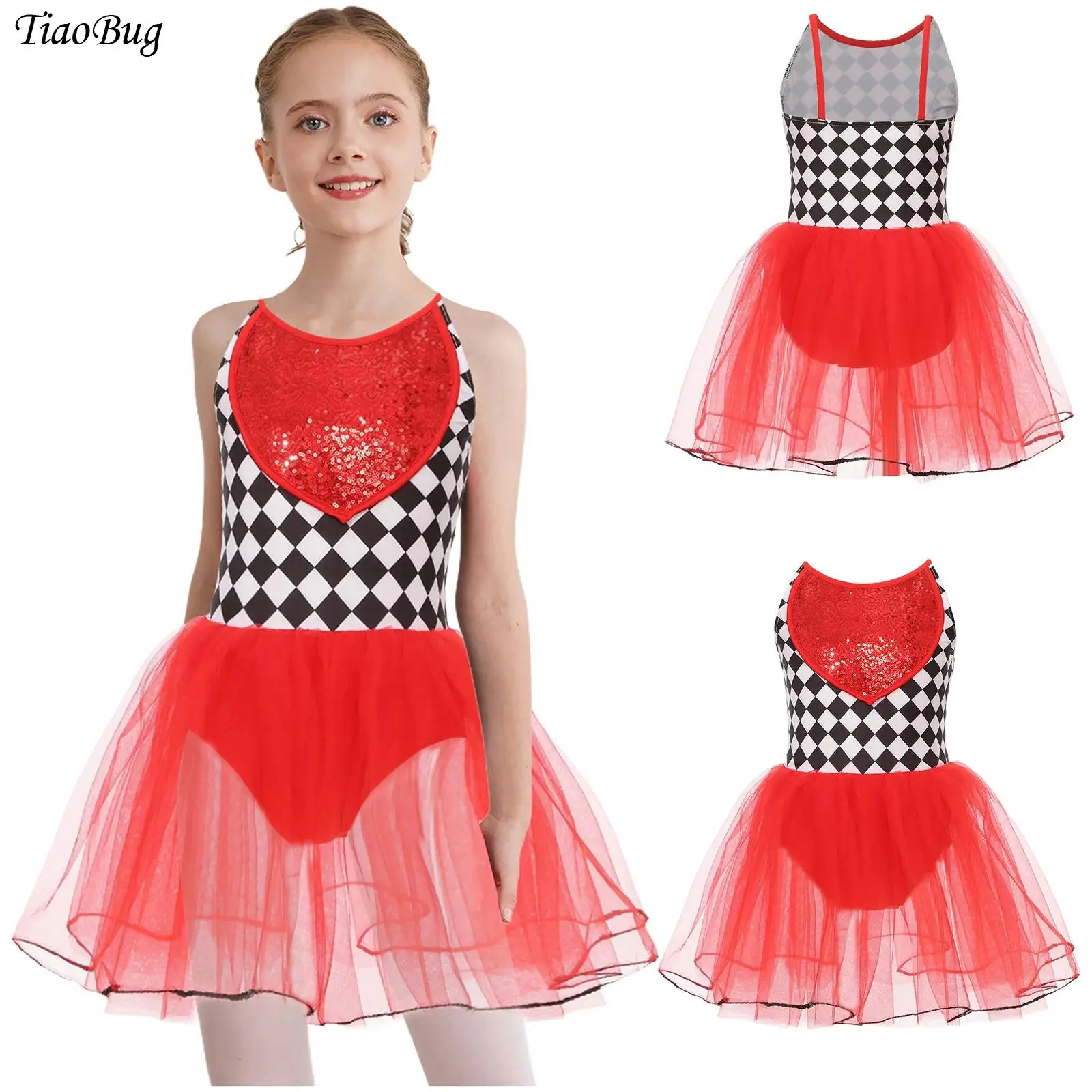 

Kid Girls Halloween Role Play Ringmaster Dress Movie Character Cosplay Costume Sequins Cami Dress Checkerboard Ballet Tutu Dress