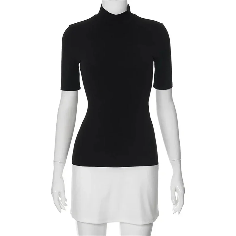 JINIA Zomer Vrouwelijke Contrast Mini Jurk Casual Hoge Taille Korte Mouw Sexy Skinny Patchwork Bodycon Jurk Dames Mini Jurk