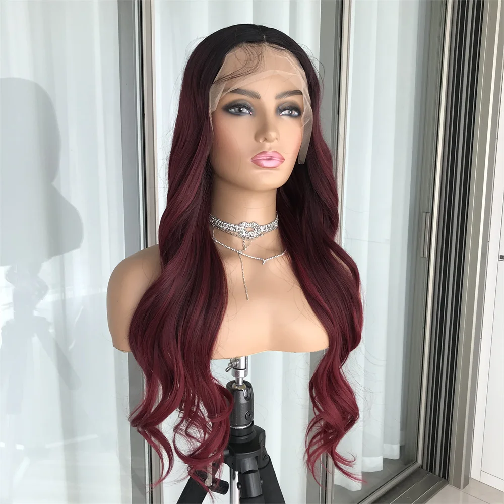 

Ombre 1b 99j Burgundy HD Body Wave Lace Front Wigs Synthetic Hair Pre Plucked with Baby Hair Glueless 180% Density Lace Wigs