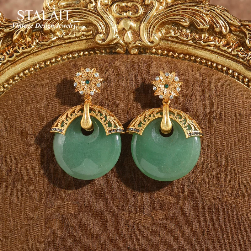 

Vintage Green Earrings Jade Natural Stone Drop Gold Color Luxury Jewelry For Woman Pendant High Quality Brand 2025 New Arrival
