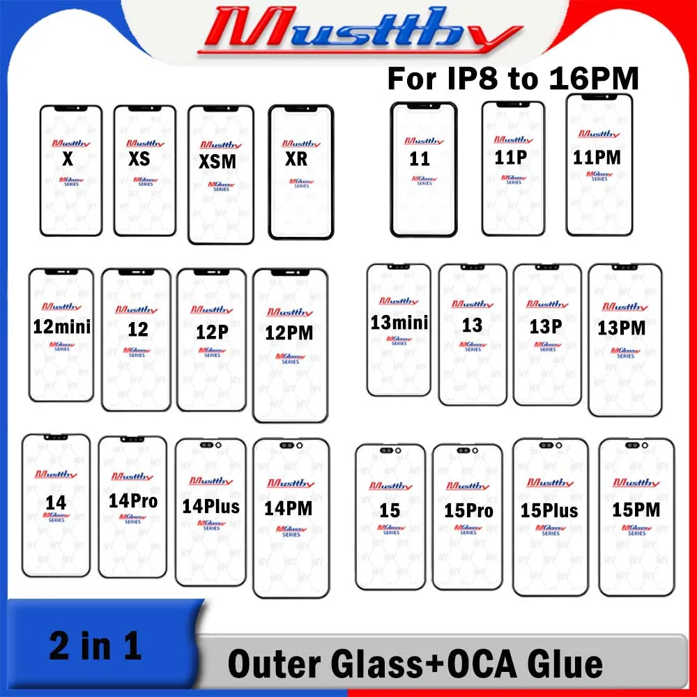 Musttby 2pc For Apple iPhone 16 16Pro 15 15pro 14pro 13pro 13 12 Pro max OLED/LCD Front Outer Touch Screen OCA Glass Repalcement