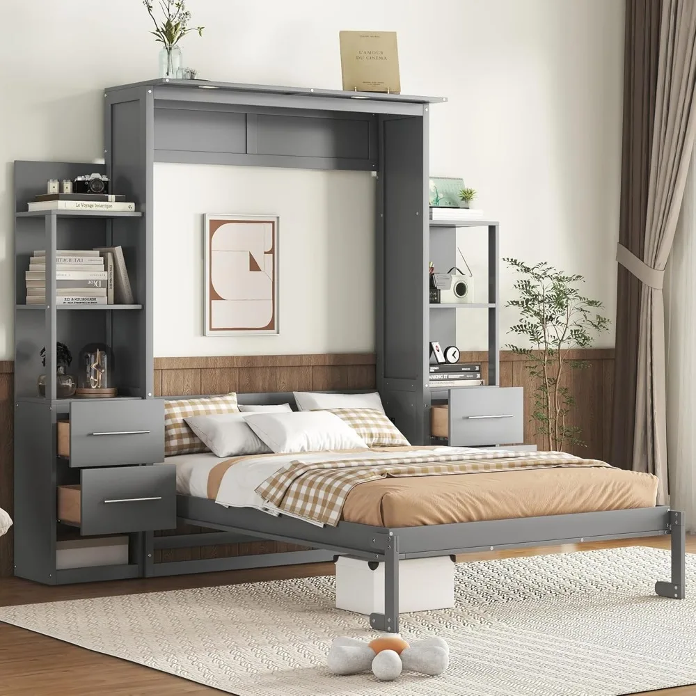 Cama Murphy de tamaño completo Cama de pared con estantes, cajones y luces LED Gabinete de cama Murphy de tamaño completo con colchón Murphy B de tamaño completo
