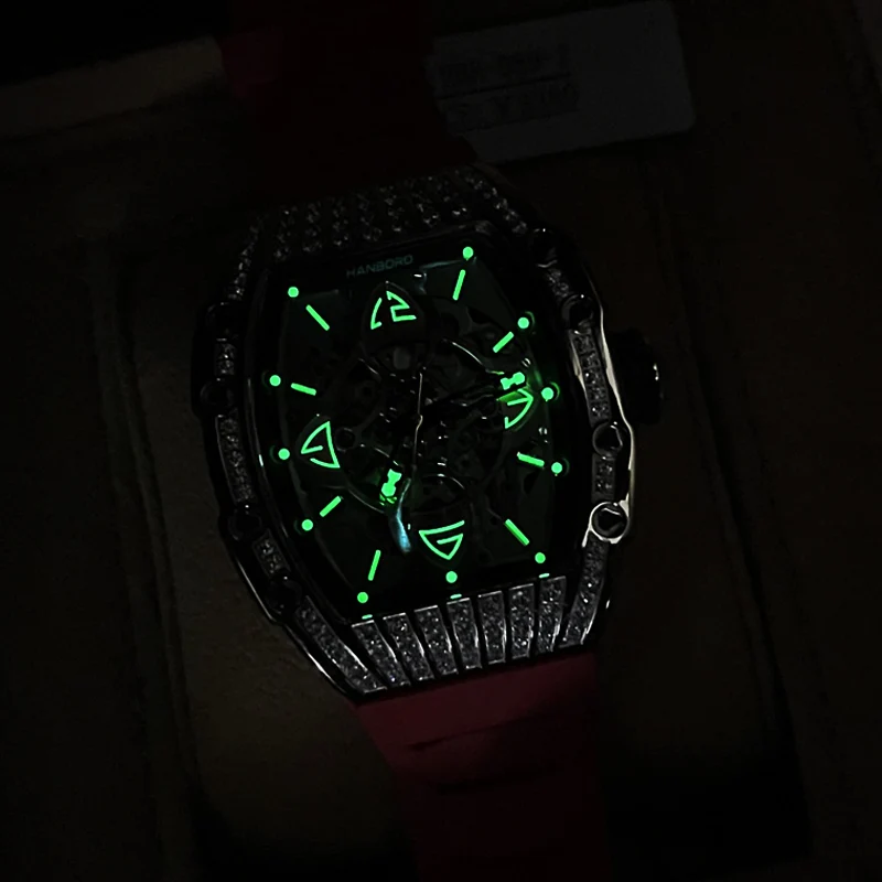 HANBORO ساعات أوتوماتيكية للرجال ساعة فاخرة ساعة يد ميكانيكية مضيئة مقاومة للماء حافظة تونيو هيكل عظمي كريستال