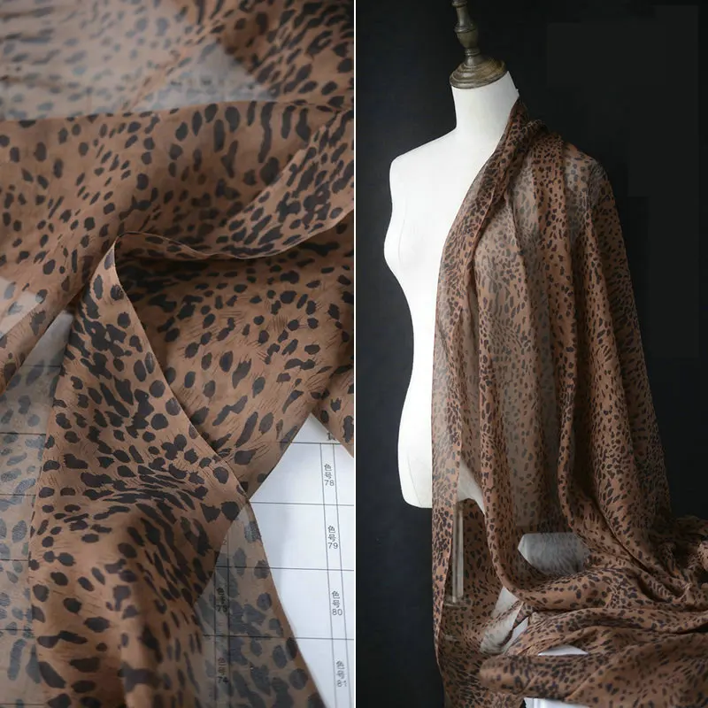 Leopard Printed Chiffon Fabrics For Sewing Pure Silk 100% Mulberry Cloth DIY Tissu Width 51\'\' Quilting Patchwork Dress Per Meter